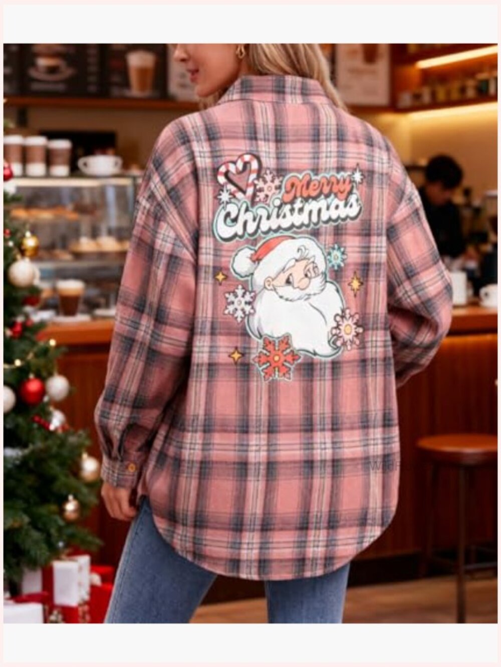 Women's Long Sleeve Button Down Plaid Shirt Santa Collar Blouse - Picture 5 of 6